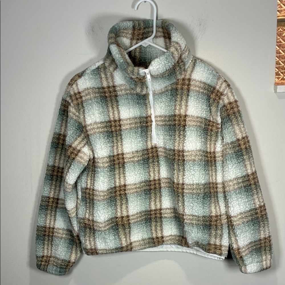 Lazy Sundays Plaid Sherpa Fleece Quarter Zip Pullover Cozy Cabin Size M - Picture 2 of 8